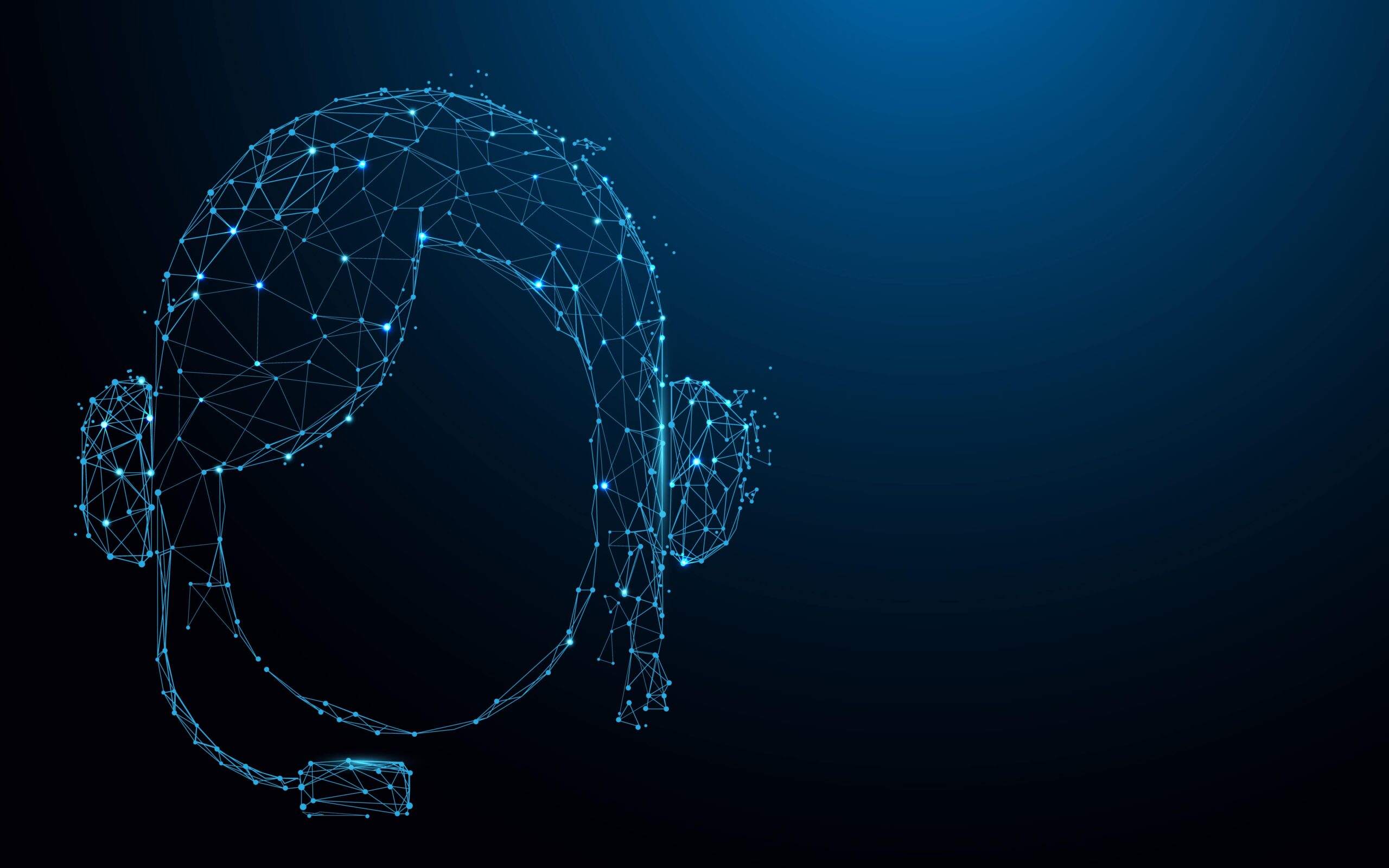 Illustrazione stilizzata di un assistente virtuale con cuffie, realizzata con linee e punti digitali su sfondo scuro, simbolo di AI customer service.