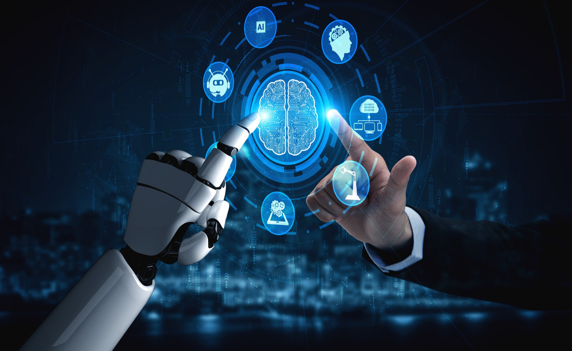 schermata virtuale interattiva con icone che divide lo spazio dell'uomo e dell'intelligenza artificiale rappresentata da un robot