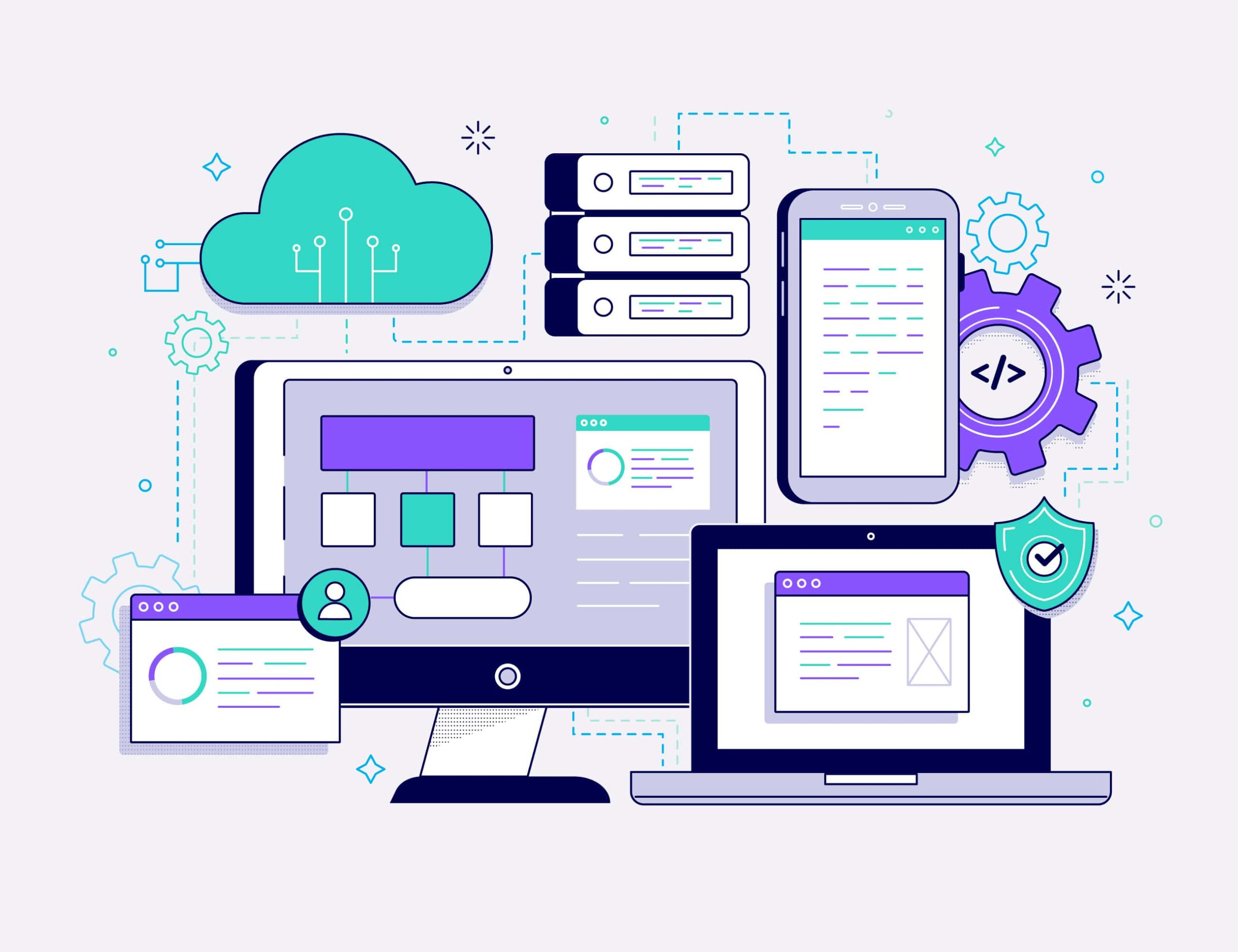 Illustrazione concettuale di integrazione dei sistemi aziendali, con computer, cloud, server e dispositivi connessi che rappresentano l’ecosistema digitale integrato da un system integrator.