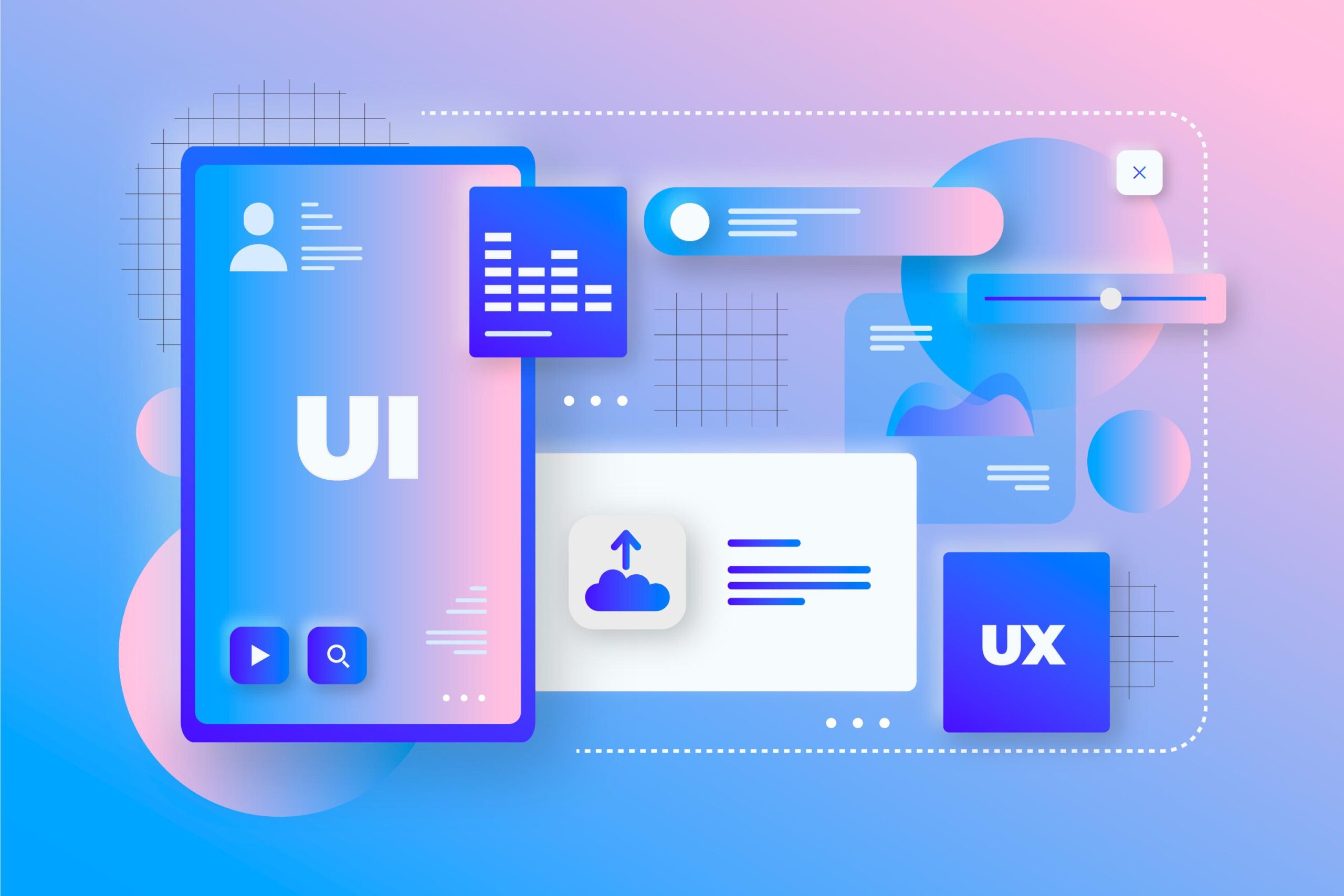 Illustrazione astratta di concetti di UI e UX design con interfacce digitali, icone e elementi grafici su sfondo sfumato blu e rosa.