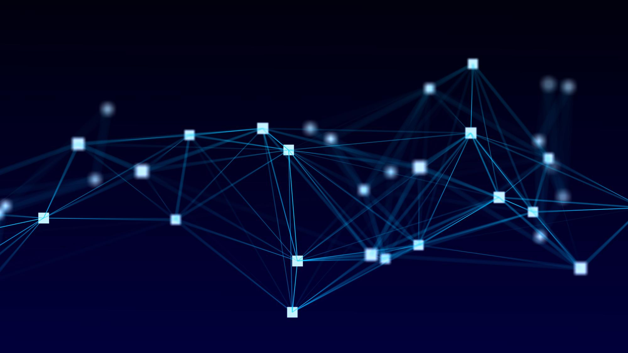 grafica di puntini luminosi azzurri collegati su sfondo blu