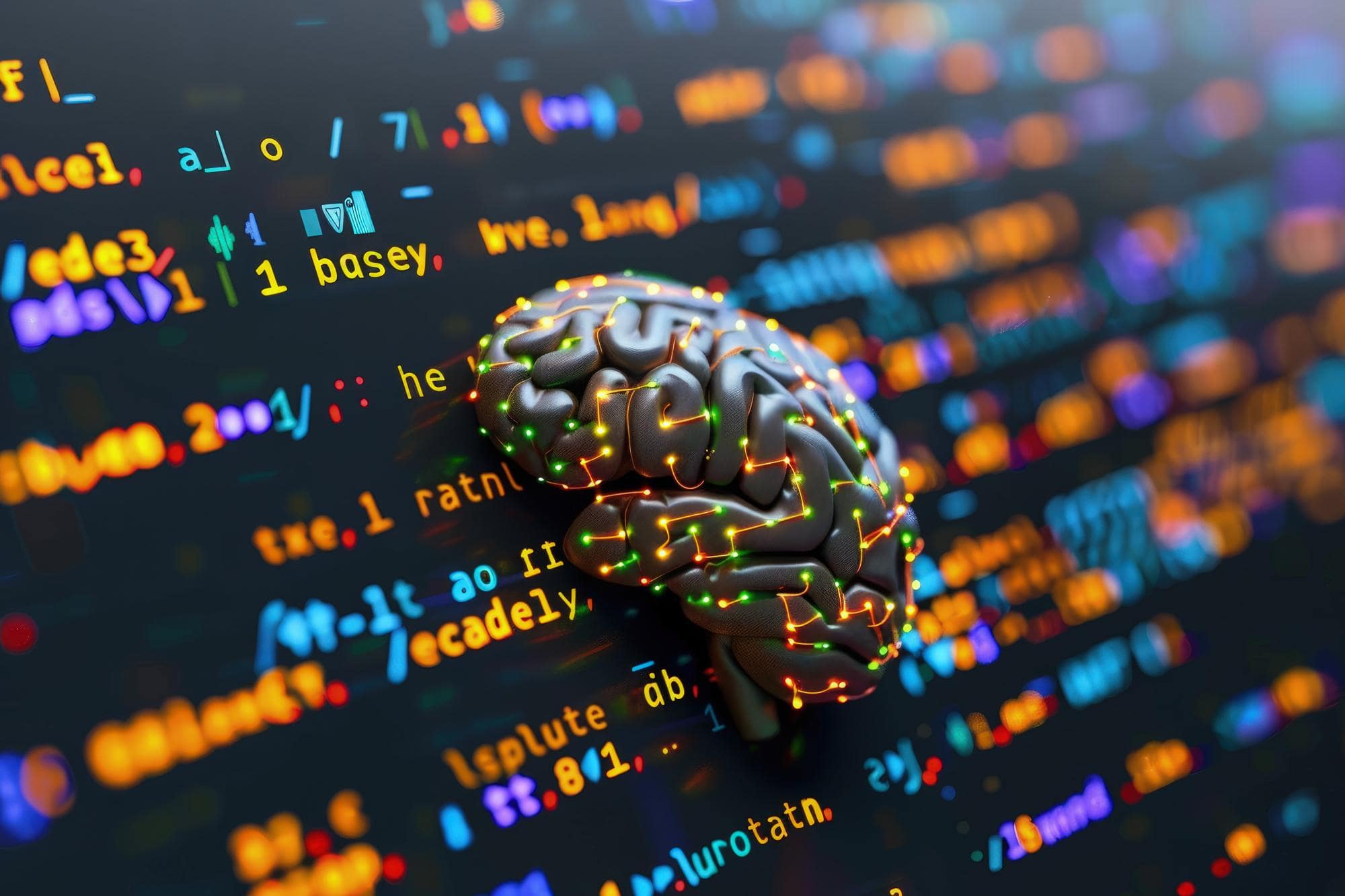 grafica di un cervello stilizzato applicata su uno sfondo tech con codice scritto in colori luminosi