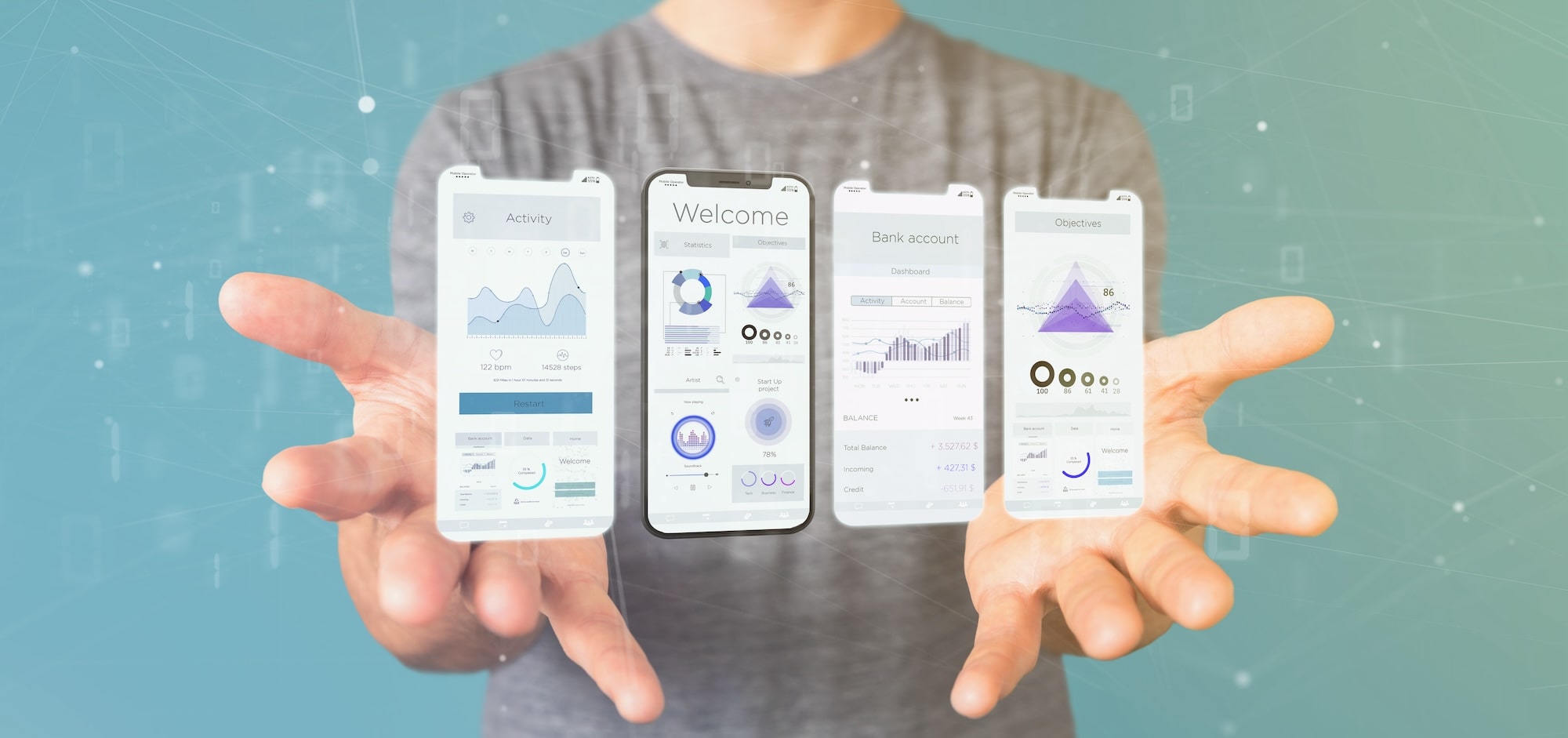 grafiche di tre schermate di un app' mobile nativa tipiche del settore fitness e banking