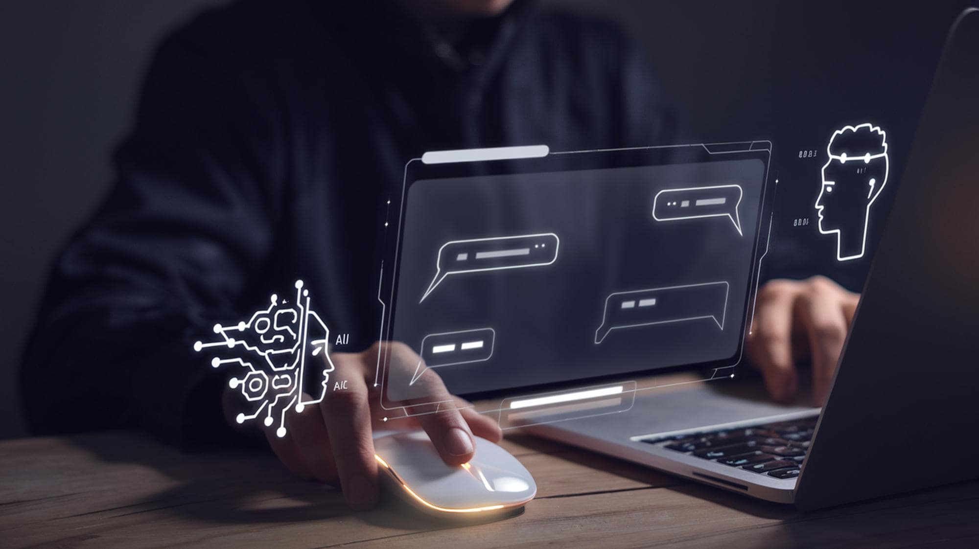 persona al pc che utilizza una chat basate sull'ai con logiche NLP o Natural Language Processing
